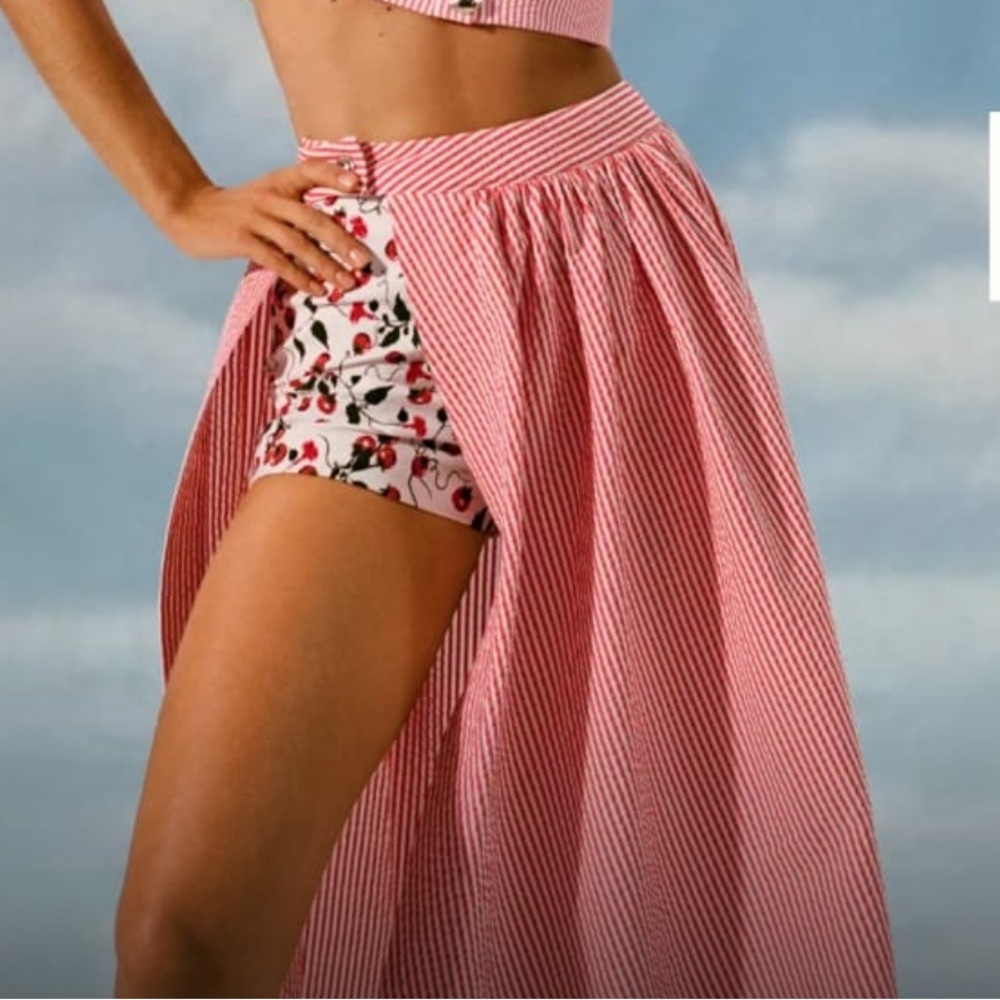 Anthropologie Coral-White Asymmetrical Wrap Skirt with Cherry Print Shorts